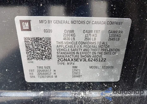 2020 Chevrolet Equinox Awd 1Fl z USA, uszkodzony, nr VIN 2GNAX5EV3L6245122